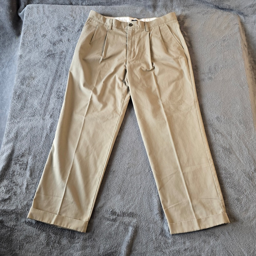 Dockers Khaki Chino Pants Men‎ 36x28 Beige Relaxed Fit Pleated Cuffed Hem Casual